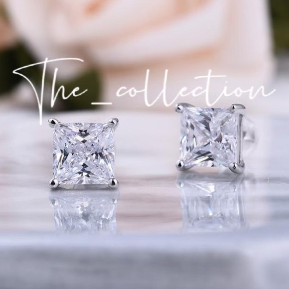 DIAMOND PRINCESS CUT STERLING SILVER STUD EARRINGS - Picture 2 of 3